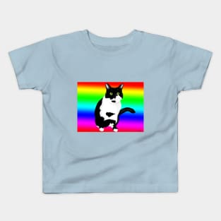 Black and white kitty on rainbow Kids T-Shirt
